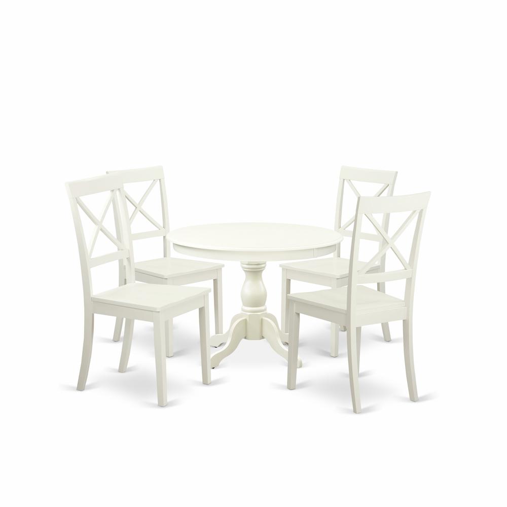 East West Furniture HBBO5-LWH-W 5 Piece Kitchen Set - Linen White Breakfast Table and 4 Linen White Chairs for Dining Room with X-Back - Linen White Finish