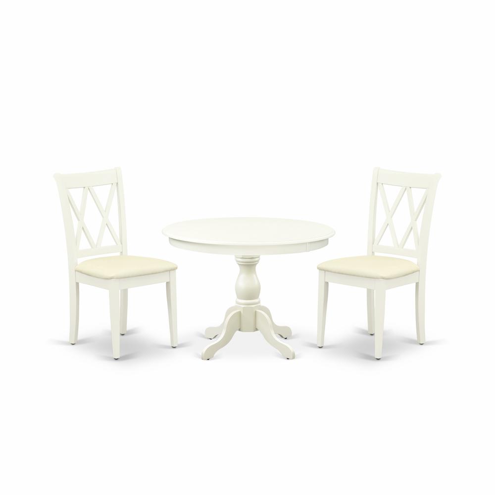 East West Furniture HBCL3-LWH-C 3 Piece Table Set - Linen White Small Dining Table and 2 Linen White Kitchen & Dining Room Chairs with Double X-Back - Linen White Finish