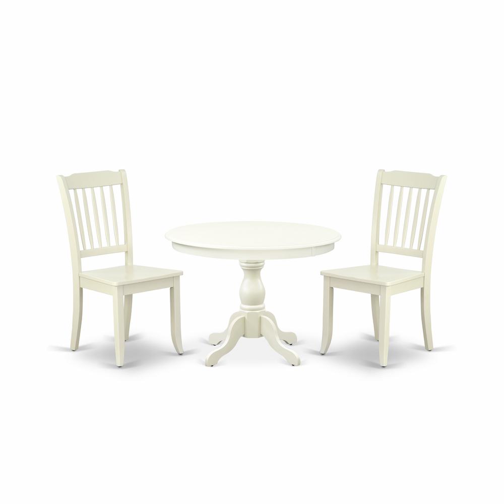 East West Furniture HBDA3-LWH-W 3 Piece Modern Dining Table Set - Linen White Breakfast Table and 2 Linen White Dining Chairs with Slatted Back - Linen White Finish