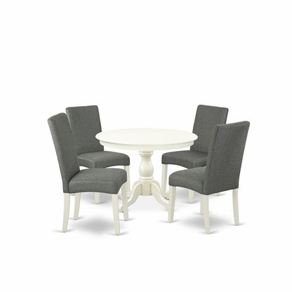 East West Furniture HBDR5-LWH-07 5 Piece Table and Chairs Dining Set - Linen White Small Kitchen Table and 4 Grey Linen Fabric Mid Century Modern Chairs with High Back - Linen White Finish