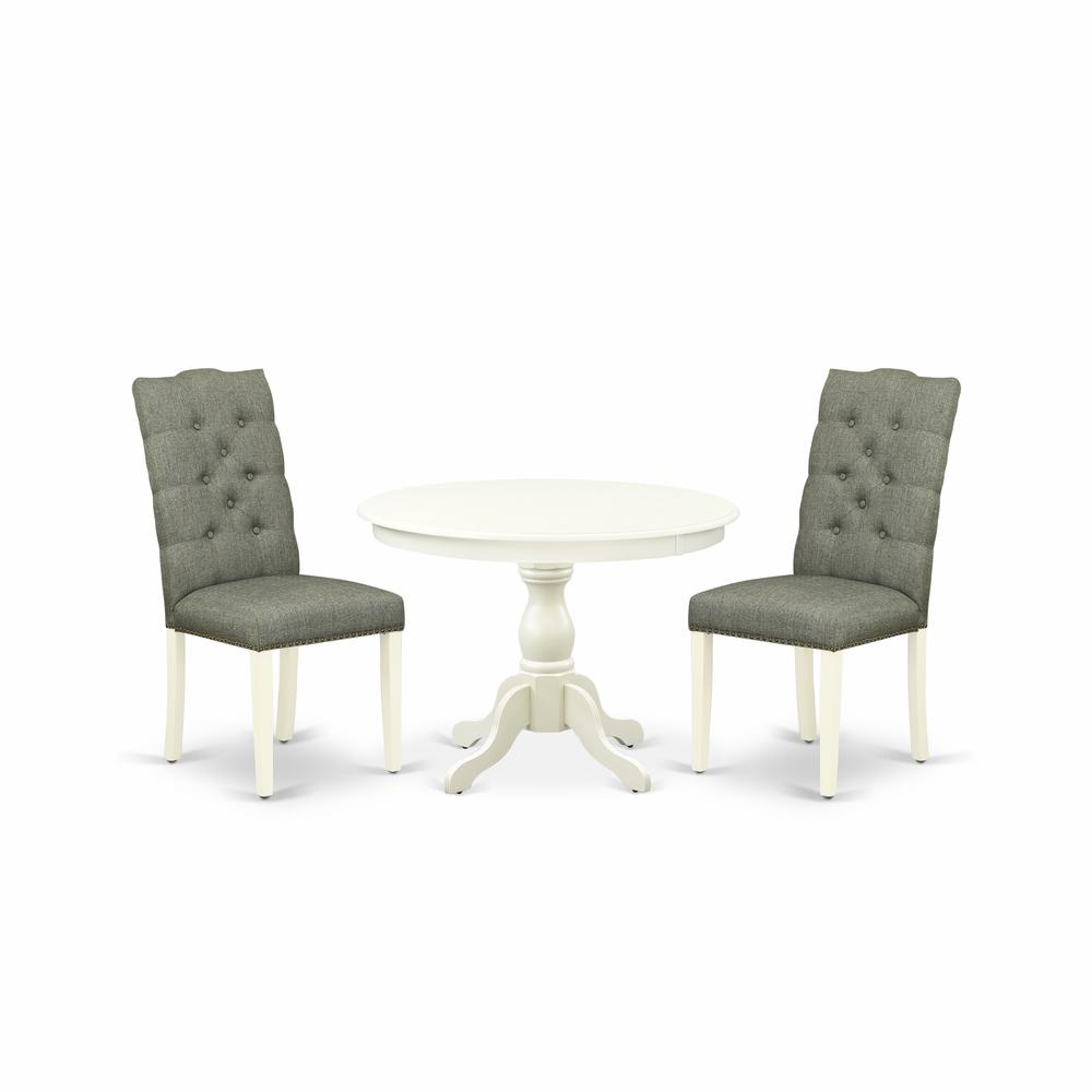 East West Furniture HBEL3-LWH-07 3 Piece Dining Room Set - Linen White Wood Dining Table and 2 Smoke Linen Fabric Mid Century Modern Chairs Button Tufted Back with Nail Heads - Linen White Finish