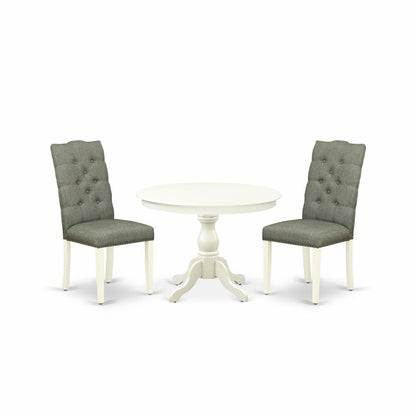 East West Furniture HBEL3-LWH-07 3 Piece Dining Room Set - Linen White Wood Dining Table and 2 Smoke Linen Fabric Mid Century Modern Chairs Button Tufted Back with Nail Heads - Linen White Finish