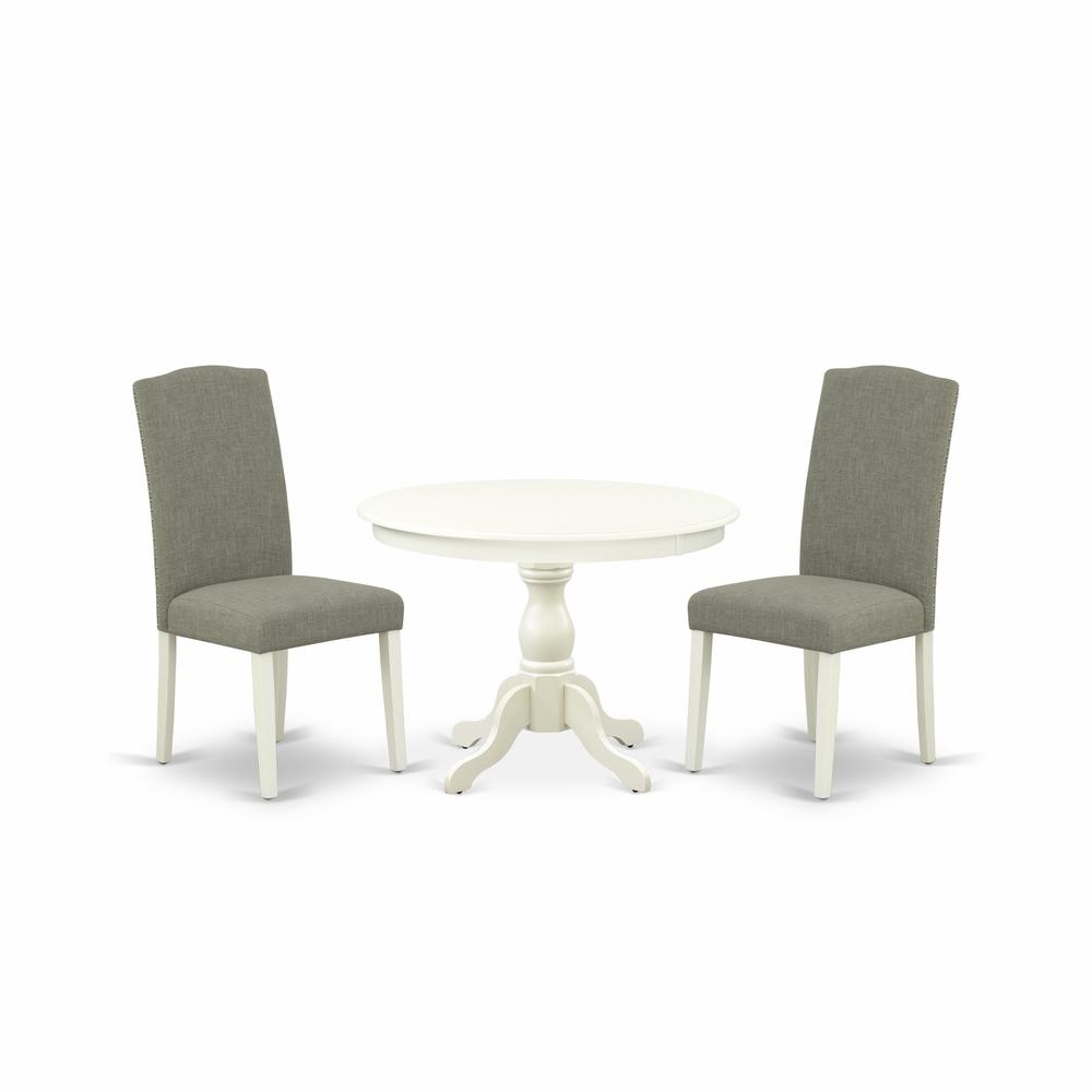 East West Furniture HBEN3-LWH-06 3 Piece Dining Room Table Set - Linen White Wood Dining Table and 2 Dark Shitake Linen Fabric Mid Century Modern Chairs with High Back - Linen White Finish