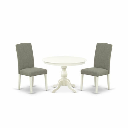 East West Furniture HBEN3-LWH-06 3 Piece Dining Room Table Set - Linen White Wood Dining Table and 2 Dark Shitake Linen Fabric Mid Century Modern Chairs with High Back - Linen White Finish