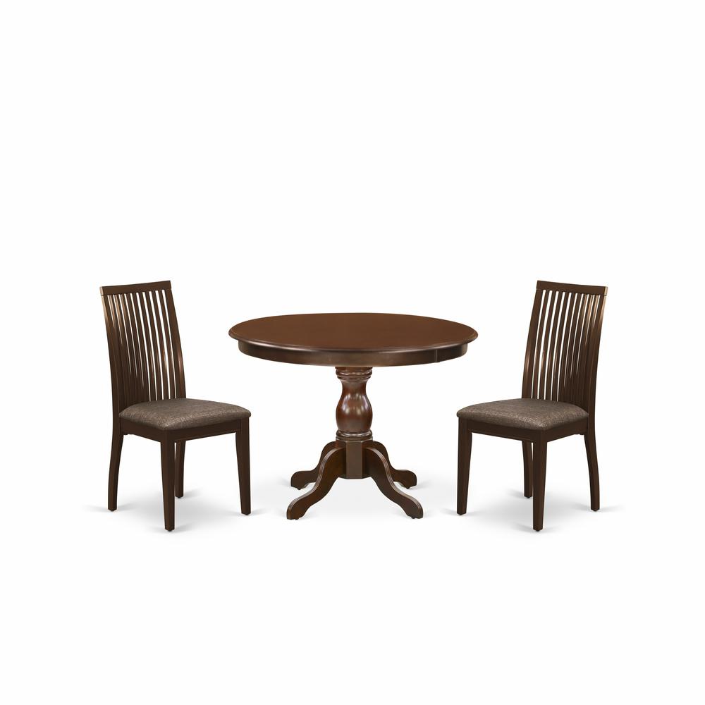 East West Furniture HBIP3-MAH-C 3 Piece Table and Chairs Dining Set - Mahogany Wood Dining Table and 2 Mahogany Linen Fabric Chairs for Dining Room with Slatted Back- Mahogany Finish