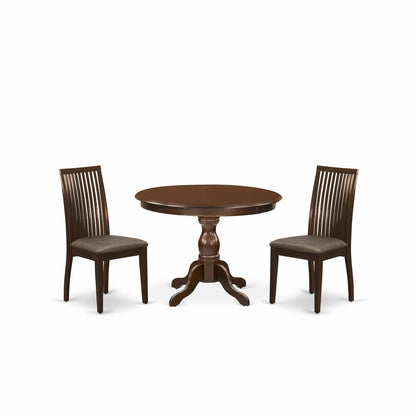East West Furniture HBIP3-MAH-C 3 Piece Table and Chairs Dining Set - Mahogany Wood Dining Table and 2 Mahogany Linen Fabric Chairs for Dining Room with Slatted Back- Mahogany Finish