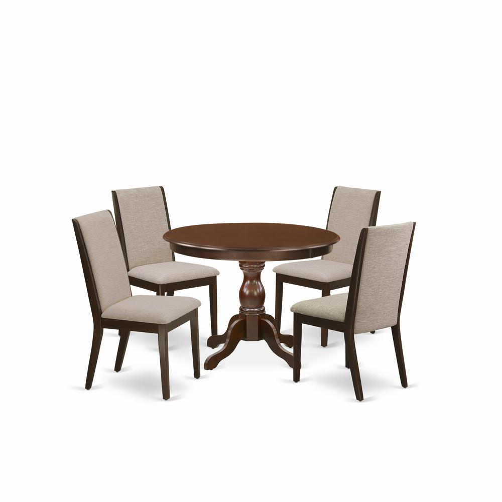 East West Furniture HBLA5-MAH-04 5 Piece Kitchen Set - Mahogany Round Dining Table and 4 Light Tan Linen Fabric Kitchen Chairs with High Back - Mahogany Finish