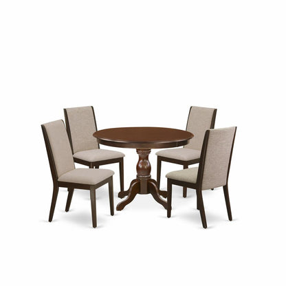 East West Furniture HBLA5-MAH-04 5 Piece Kitchen Set - Mahogany Round Dining Table and 4 Light Tan Linen Fabric Kitchen Chairs with High Back - Mahogany Finish