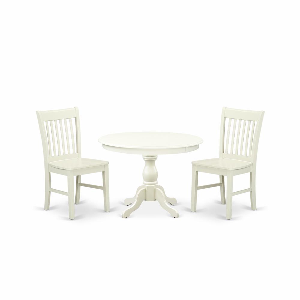 East West Furniture HBNF3-LWH-W 3 Piece Dining Room Table Set - Linen White Dining Room Table and 2 Linen White Dining Room Chairs with Slatted Back - Linen White Finish