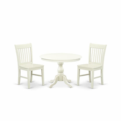 East West Furniture HBNF3-LWH-W 3 Piece Dining Room Table Set - Linen White Dining Room Table and 2 Linen White Dining Room Chairs with Slatted Back - Linen White Finish