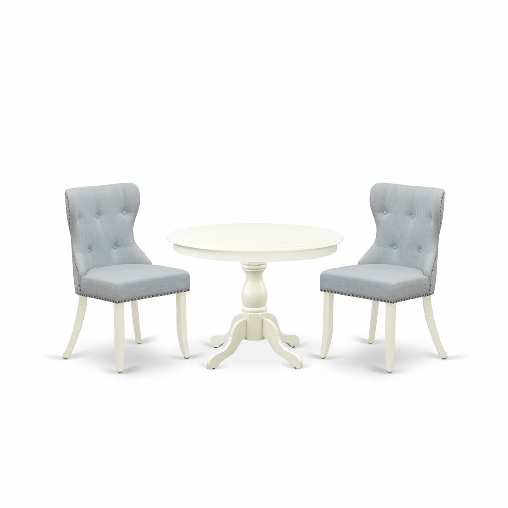 East West Furniture HBSI3-LWH-15 3 Piece Table Set - Linen White Small Kitchen Table and 2 Baby Blue Linen Fabric Dining Chairs Button Tufted Back with Nail Heads - Linen White Finish