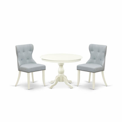 East West Furniture HBSI3-LWH-15 3 Piece Table Set - Linen White Small Kitchen Table and 2 Baby Blue Linen Fabric Dining Chairs Button Tufted Back with Nail Heads - Linen White Finish