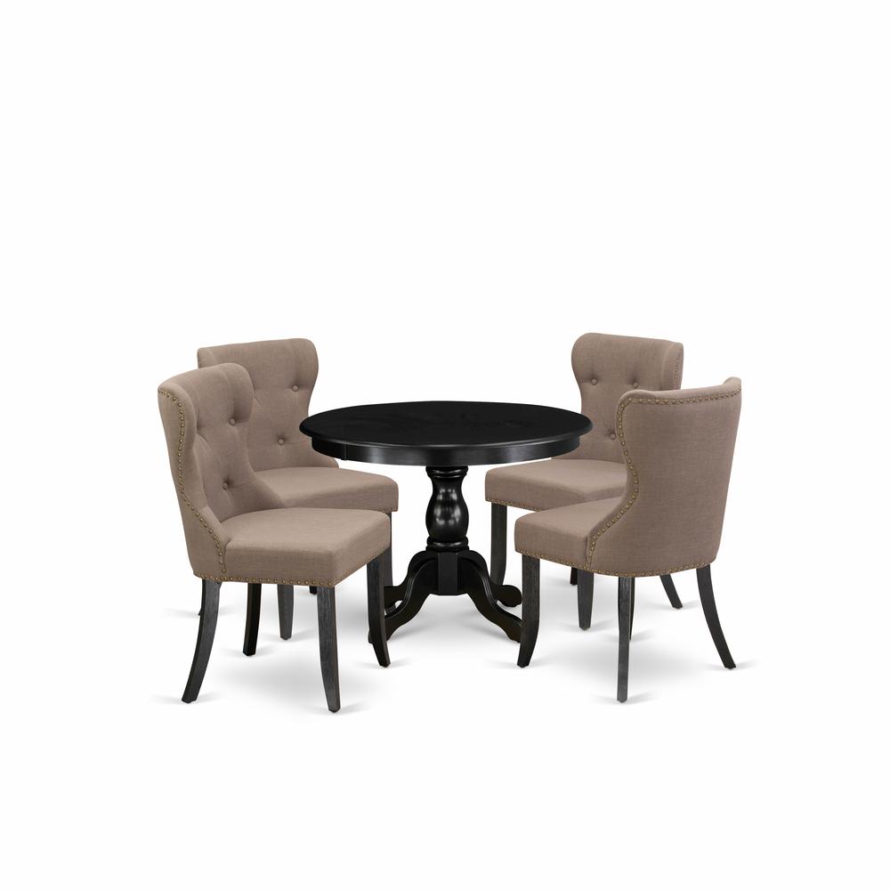 East West Furniture HBSI5-ABK-48 5 Piece Kitchen Dining Table Set - Black Wood Table and 4 Coffee Linen Fabric Dining Chairs Button Tufted Back with Nail Heads - Wire Brushed Black Finish