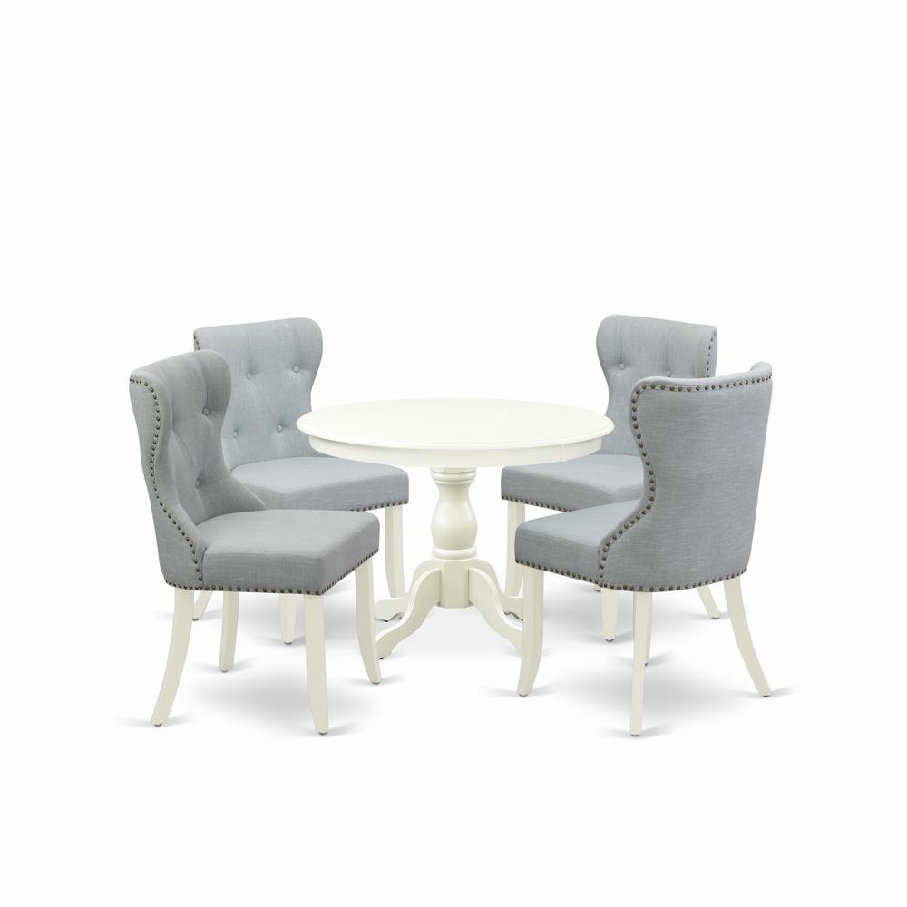 East West Furniture HBSI5-LWH-15 5 Piece Dining Room Table Set - Linen White Dining Room Table and 4 Baby Blue Linen Fabric Modern Chairs Button Tufted Back with Nail Heads - Linen White Finish
