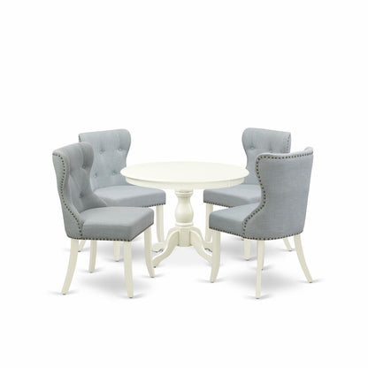 East West Furniture HBSI5-LWH-15 5 Piece Dining Room Table Set - Linen White Dining Room Table and 4 Baby Blue Linen Fabric Modern Chairs Button Tufted Back with Nail Heads - Linen White Finish