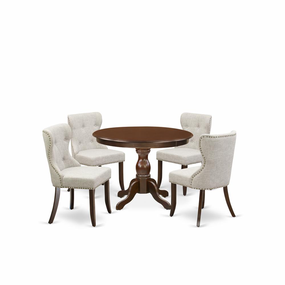 East West Furniture HBSI5-MAH-35 5 Piece Dining Room Set - Mahogany Kitchen Table and 4 Doeskin Linen Fabric Parson Dining Chairs Button Tufted Back with Nail Heads - Mahogany Finish