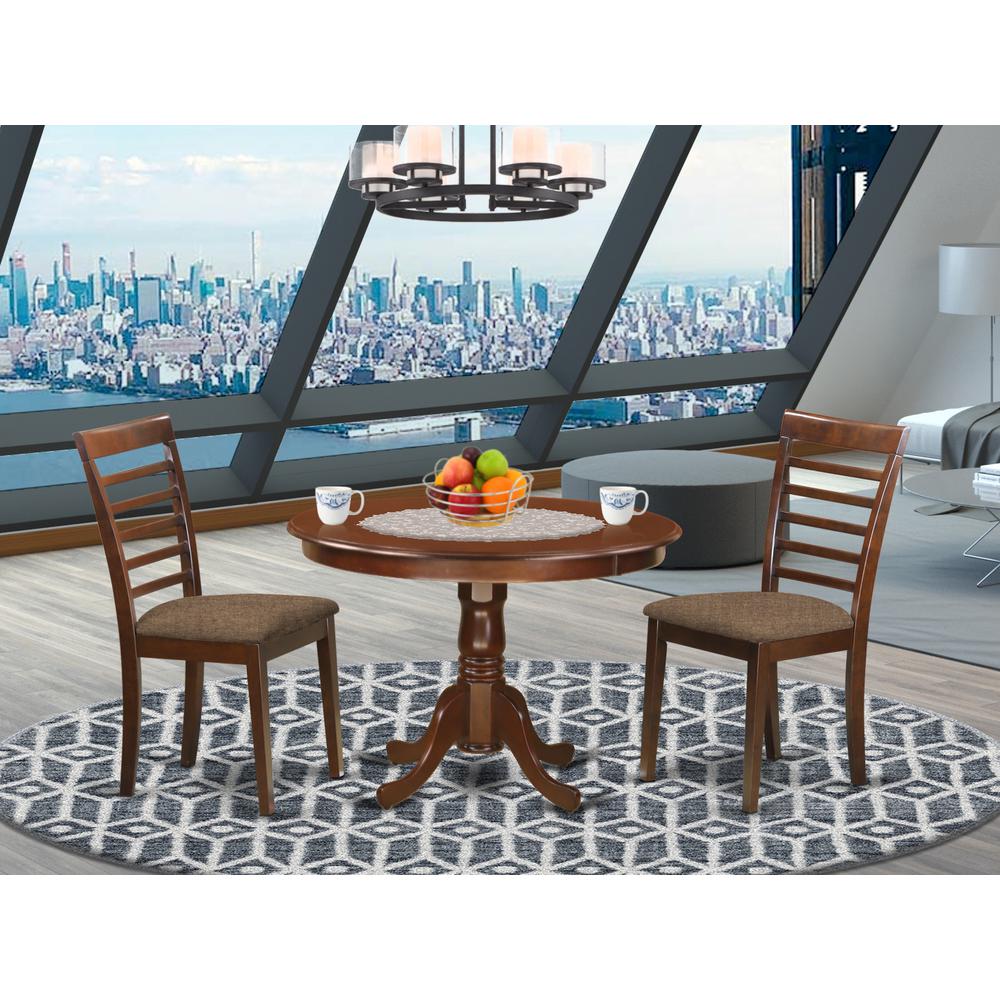 HLML3-MAH-C 3 Pc set with a Kitchen Table and 2 Linen Seat Dinette Kitchen Chairs in Mahogany