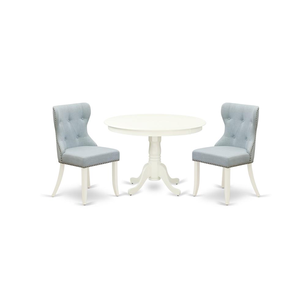 East-West Furniture HLSI3-LWH-15 - A modern dining table set of two fantastic parson dining chairs with Linen Fabric Baby Blue color and a beautiful 42-Inch Antique pedestal kitchen table with Linen W