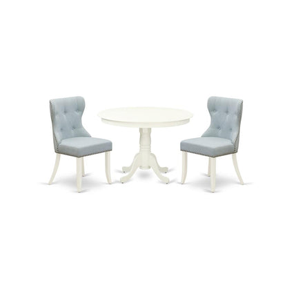 East-West Furniture HLSI3-LWH-15 - A modern dining table set of two fantastic parson dining chairs with Linen Fabric Baby Blue color and a beautiful 42-Inch Antique pedestal kitchen table with Linen W