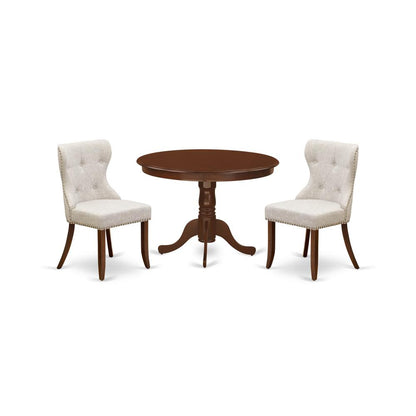 East-West Furniture HLSI3-MAH-35 - A dining set of two great parson chairs with Linen Fabric Doeskin color and a gorgeous 42-Inch Antique wooden dining table in Mahogany Finish
