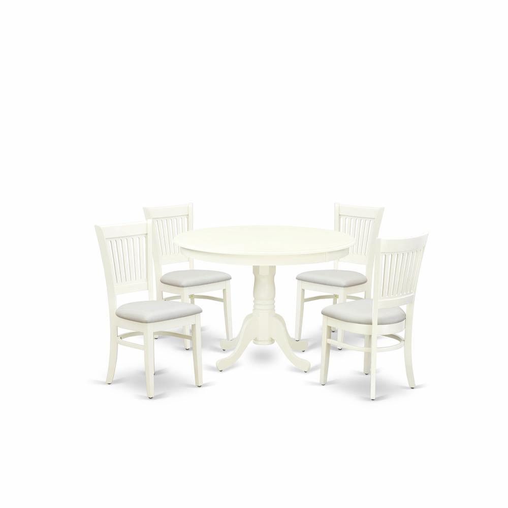 East West Furniture - HLVA5-LWH-C - 5-Pc Dining Room Table Set- 4 Dining Chairs and Modern Kitchen Table - Linen Fabric Seat and Slatted Chair Back - Linen White Finish