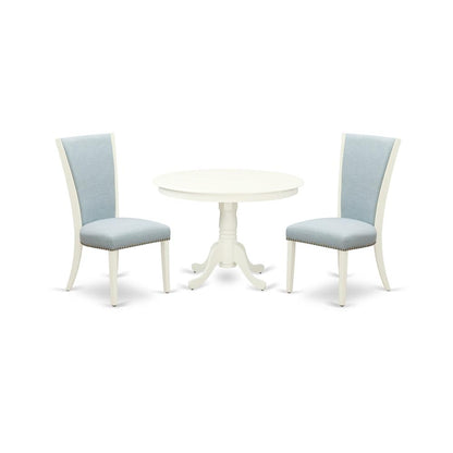 East-West Furniture HLVE3-LWH-15 - A wooden dining table set of two amazing dining chairs with Linen Fabric Baby Blue color and a fantastic 42-Inch Antique dining table with Linen White color