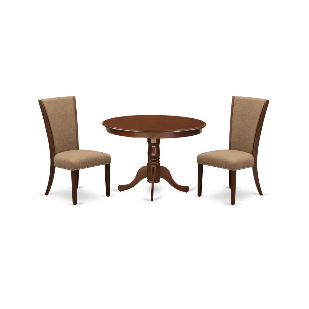 East-West Furniture HLVE3-MAH-47 - A dining set of two fantastic kitchen chairs with Linen Fabric Light Sable color and a lovely 42-Inch Antique dining table in Mahogany Finish