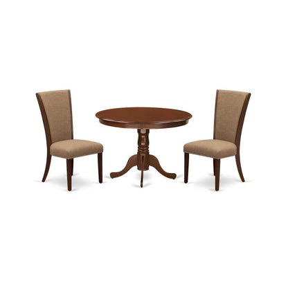 East-West Furniture HLVE3-MAH-47 - A dining set of two fantastic kitchen chairs with Linen Fabric Light Sable color and a lovely 42-Inch Antique dining table in Mahogany Finish