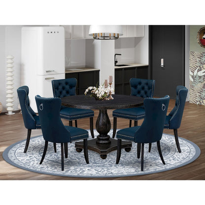 7 Piece Dining Table Set Consists Of 48" Round Table In Navy Blue Color