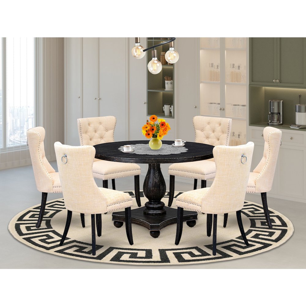 7-Piece Dining Set A Dining Table, 6 Light Beige Linen Fabric Parsons Chair