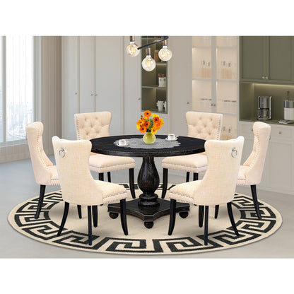 7-Piece Dining Set A Dining Table, 6 Light Beige Linen Fabric Parsons Chair