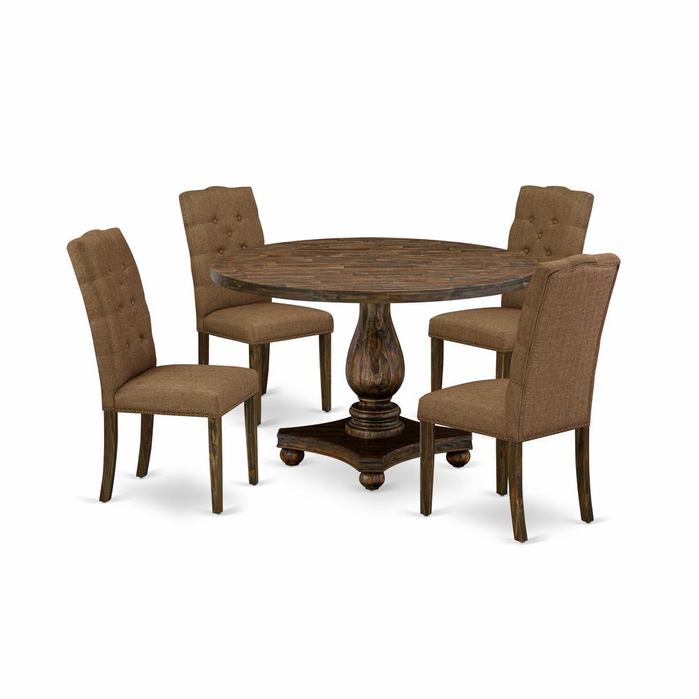 East West Furniture 5 Piece Modern Dining Table Set Includes a Modern Kitchen Table and 4 Brown Linen Fabric Dining Chairs with Button Tufted Back - Distressed Jacobean Finish