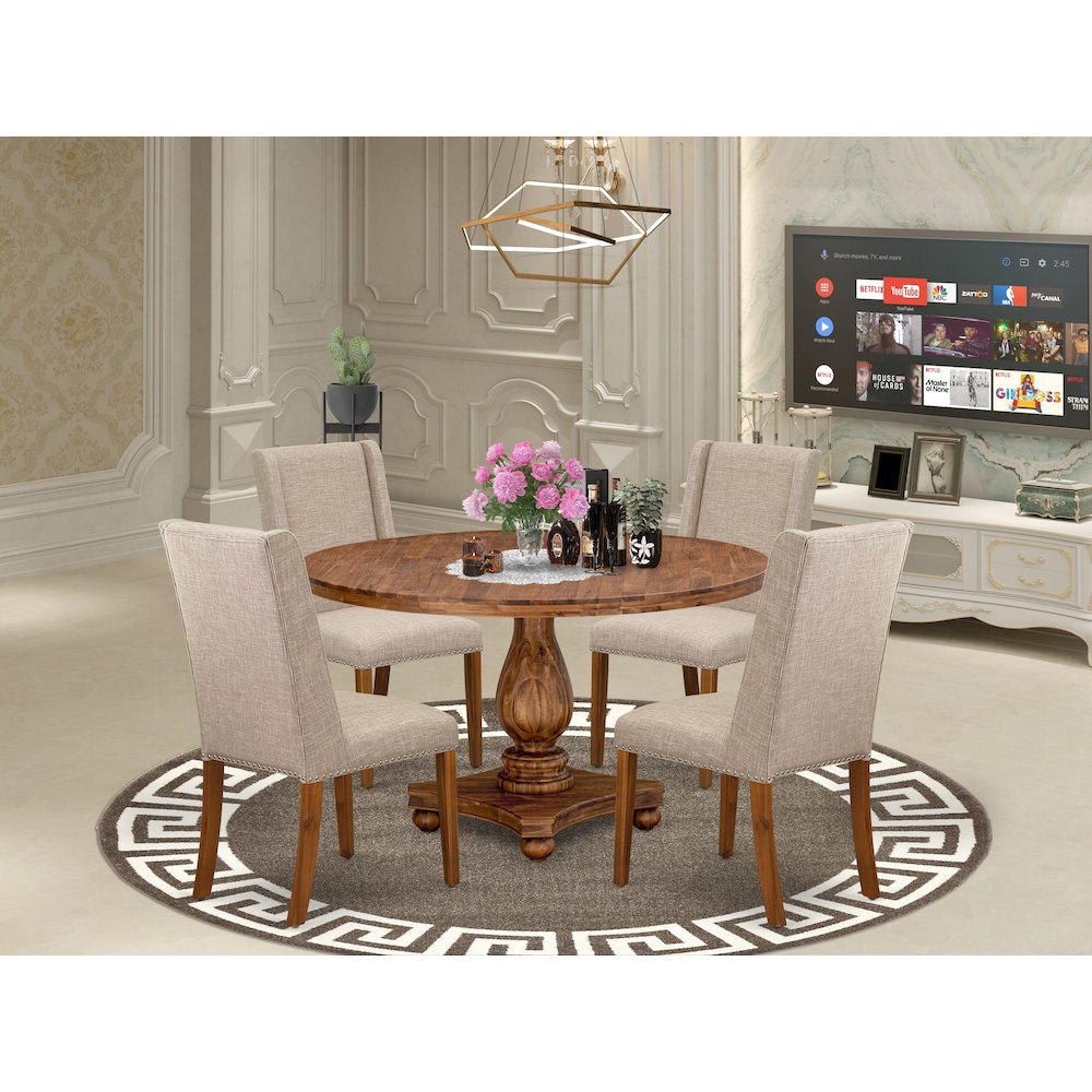 5-Piece Dining Room Set Of A Kitchen Table, 4 Light Tan Fabric Mid-Century Chair