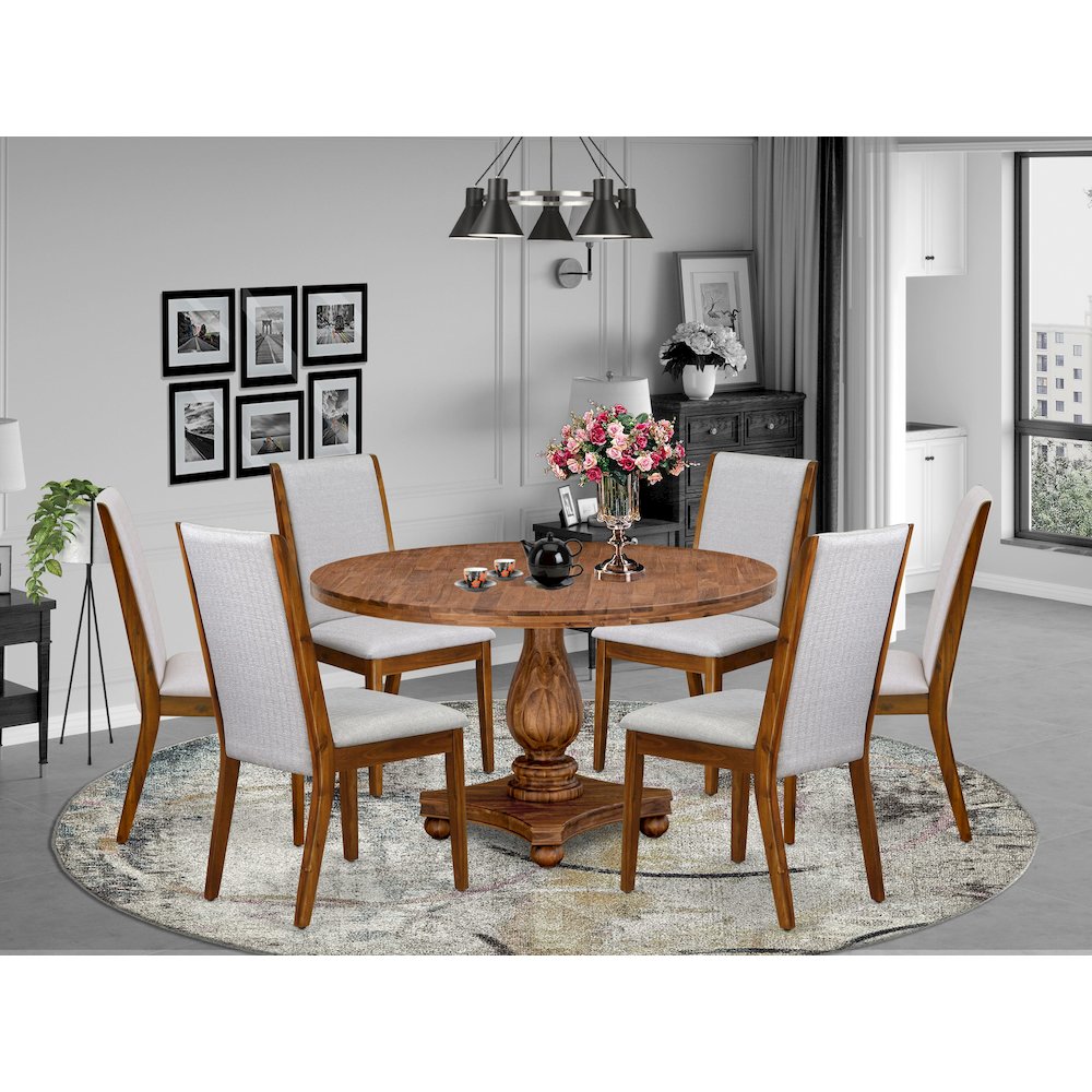 7-Piece Modern Dining Set A Wooden Kitchen Table, 6 Grey Fabric Modern Chairs
