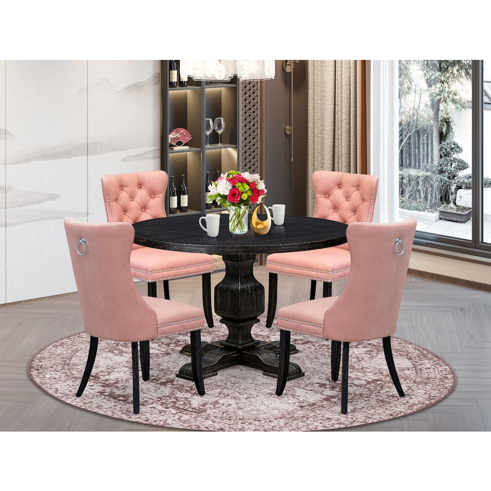 5 Piece Dining Set For 4 Contains 48" Round Table In Beige Red Color