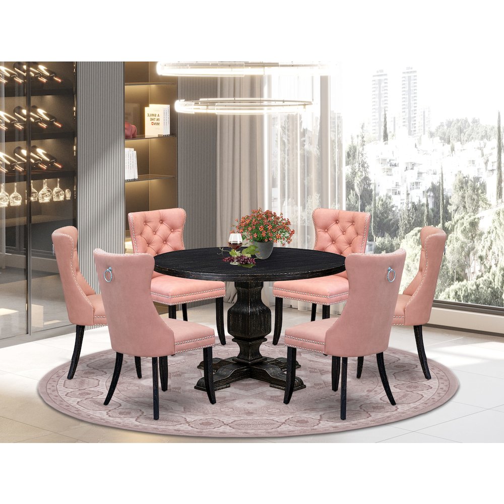 7 Piece Dining Set Includes 48" Round Kitchen Table In Beige Red Color