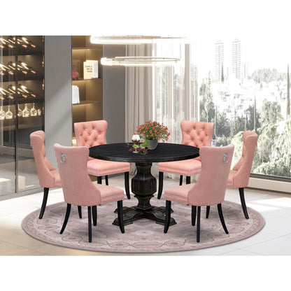 7 Piece Dining Set Includes 48" Round Kitchen Table In Beige Red Color