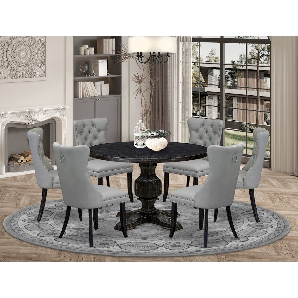 7 Piece Dining Table Set Includes 48" Round Table In Light Gray Color