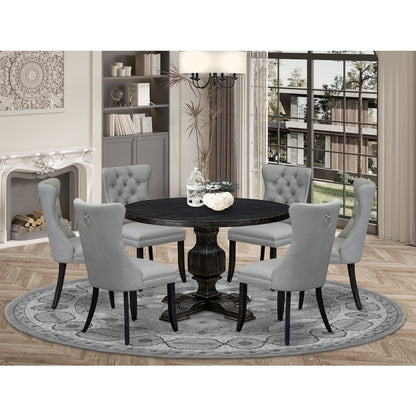 7 Piece Dining Table Set Includes 48" Round Table In Light Gray Color