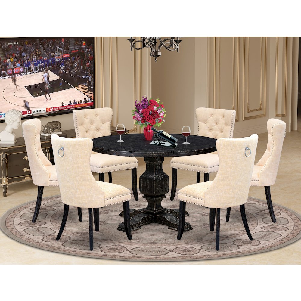 7-Piece Kitchen Set Of A Wood Table, 6 Light Beige Linen Fabric Dinner Chairs