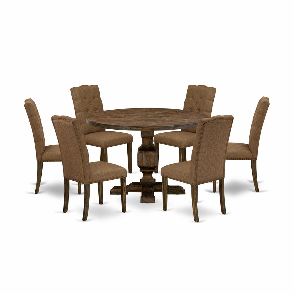 East West Furniture 7 Piece Dining Set Includes a Dining Room Table and 6 Brown Linen Fabric Upholstered Dining Chairs with Button Tufted Back - Distressed Jacobean Finish