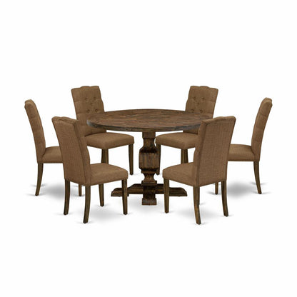 East West Furniture 7 Piece Dining Set Includes a Dining Room Table and 6 Brown Linen Fabric Upholstered Dining Chairs with Button Tufted Back - Distressed Jacobean Finish