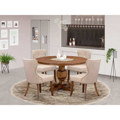 5-Pc Kitchen Table Set Of A Pedestal Table, 4 Light Tan Fabric Dining Chairs