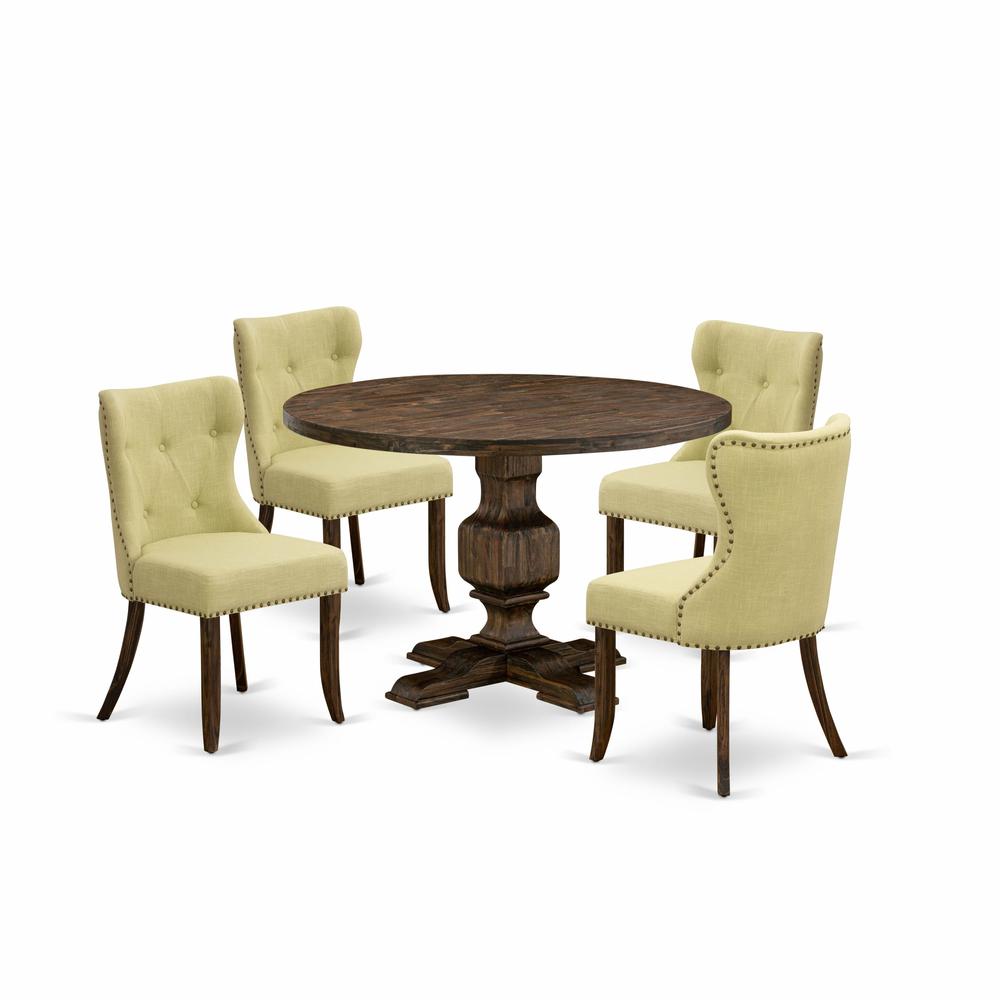 East West Furniture 5-Pc Modern Dining Table Set - Dining Table and 4 Limelight Color Parson Modern Chairs with Button Tufted Back - Distressed Jacobean Finish