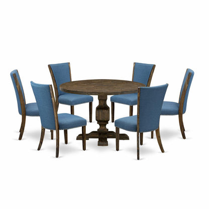 East West Furniture 7-Pc Dining Room Table Set - Dinner Table and 6 Blue Color Parson Dining Chairs with High Back - Distressed Jacobean Finish
