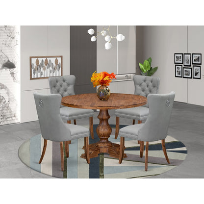 5-Pc Dinner Table Set Contain A Wood Table And 4 Light Gray Upholstered Chairs
