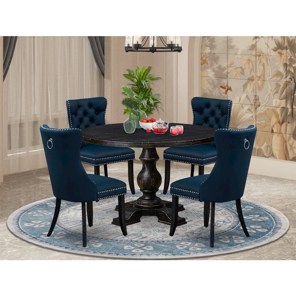 5 Piece Dining Table Set Consists Of 48" Round Table In Navy Blue Color