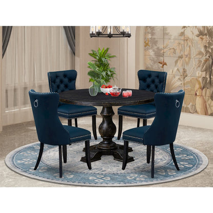 5 Piece Dining Table Set Consists Of 48" Round Table In Navy Blue Color