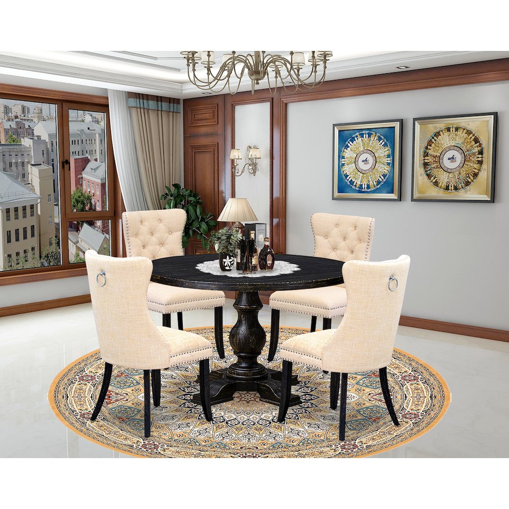 5-Pc Dinner Table Set A Wood Table, 4 Light Beige Linen Fabric Kitchen Chairs