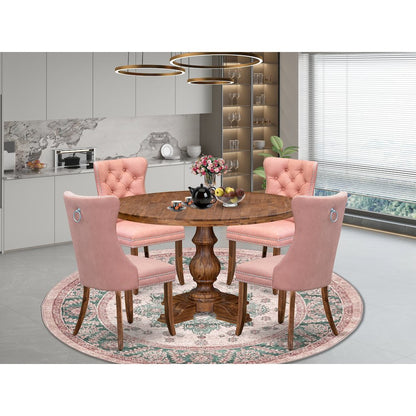 5-Pc Modern Dining Table Set Contain A Wooden Table, 4 Beige Red Padded Chairs